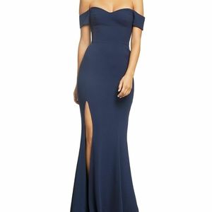 DRESS THE POPULATION Sz L Logan Dress Off the Shoulder Evening Gown Party Blue